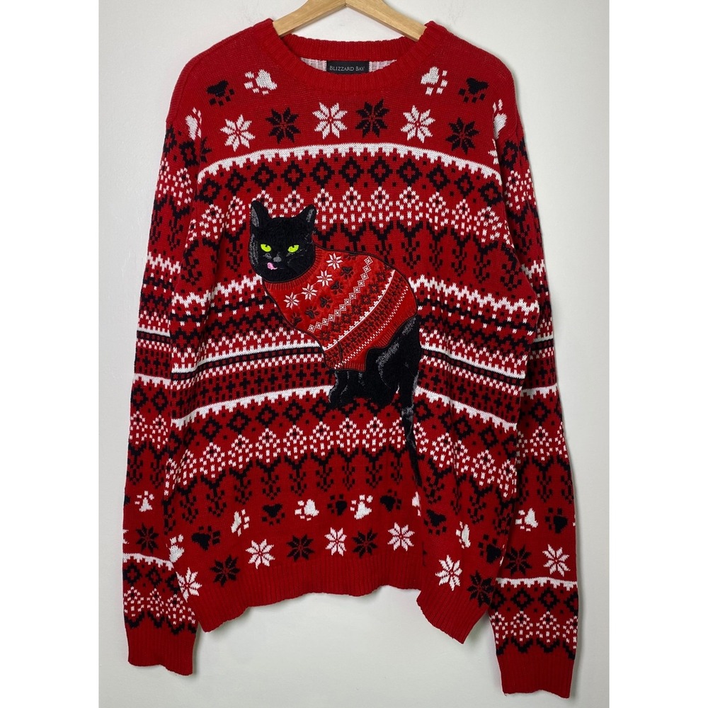 Blizzard Bay Ugly Christmas Sweater Mens L Red Cat Snowflake Fair Isle Holiday